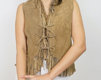 vintage années 70 daim Vest Taille S-M frange cuir brun clair meilleur cowgirl gilet coachella gilet festival gilet