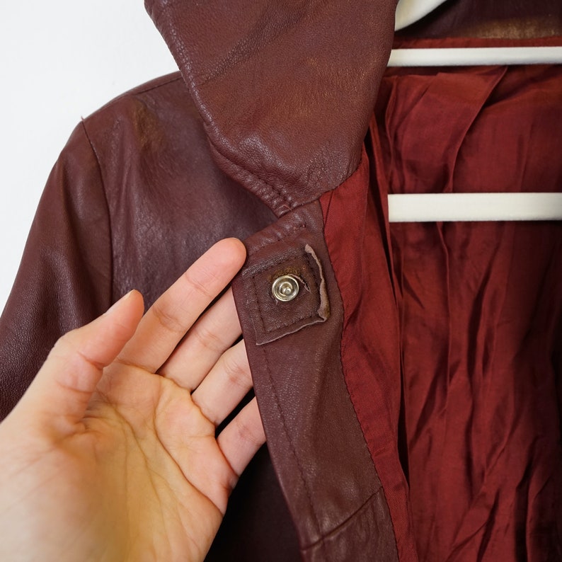 Vintage burgundy leather coat Size M 90s leather coat jacket red leather purple leather 画像 7