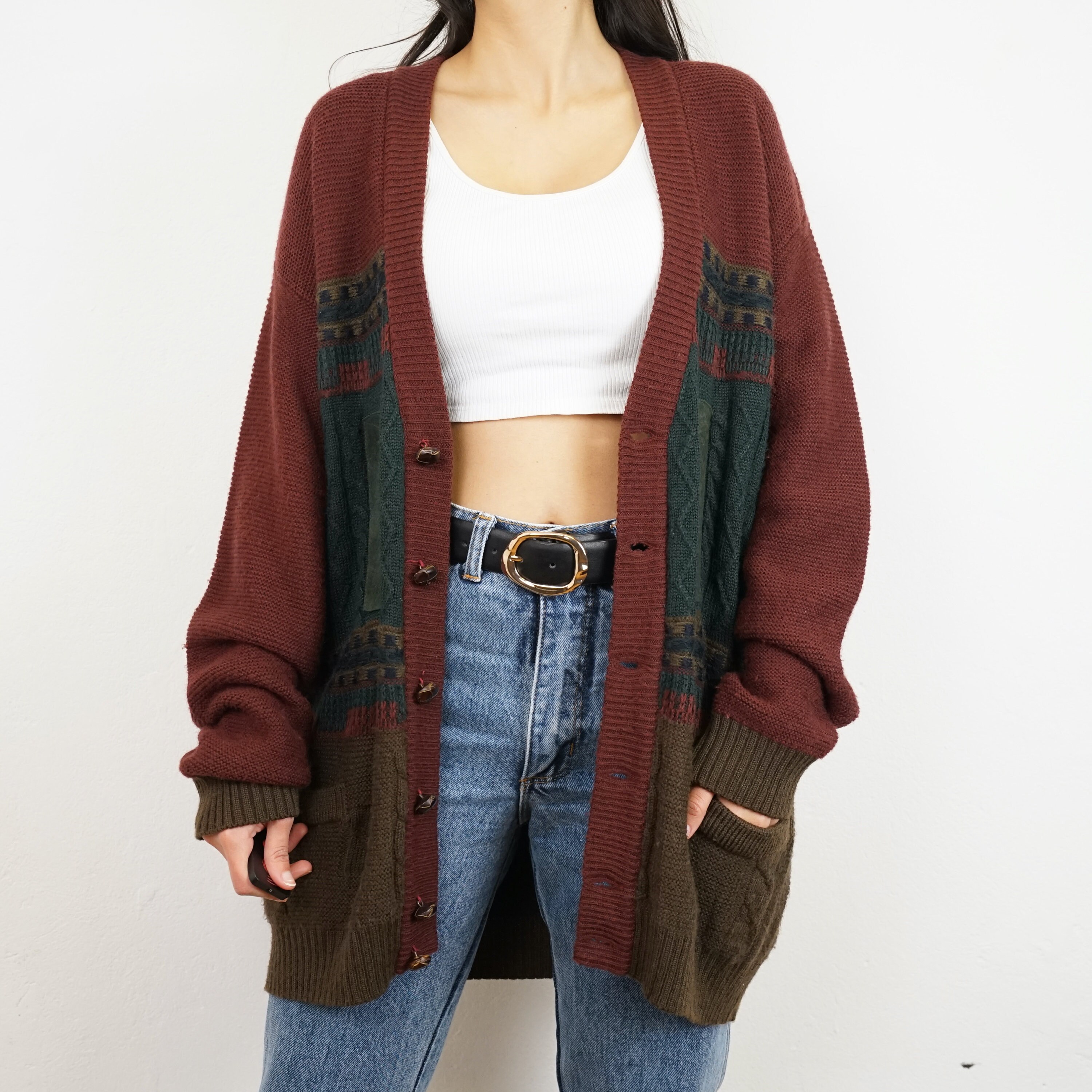 Leather cardigan deals sweater
