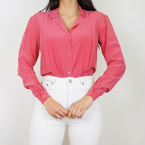Vintage silk blouse size XS pink blouse long sleeve shirt long sleeve blouse button up shirt collared blouse