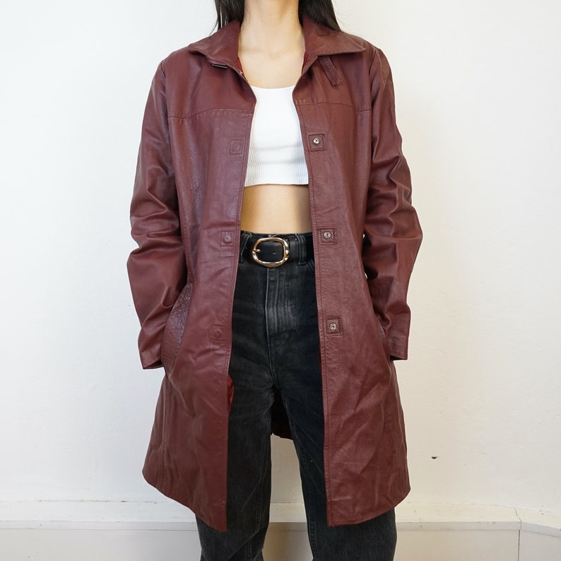 Vintage burgundy leather coat Size M 90s leather coat jacket red leather purple leather 画像 6