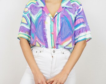 Vintage kleurrijk shirt maat S-M gek patroon paarse kleurrijke blouse shirt met korte mouwen zomershirt festivalblouse