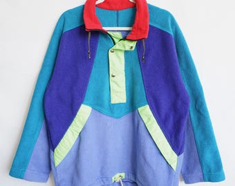 Vintage fleece trui uit de jaren 80 voor heren, maat L, kleurrijke fleece sweater, warme vintage trui met kwartrits.
