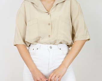 Vintage silk shirt size L-XL short sleeved shirt beige shirt button up shirt silk blouse button up shirt unisex
