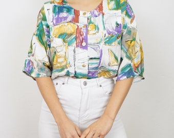 Vintage colorful Blouse size L-XL short sleeved crazy pattern shirt white shirt colorful pattern summer spring shirt