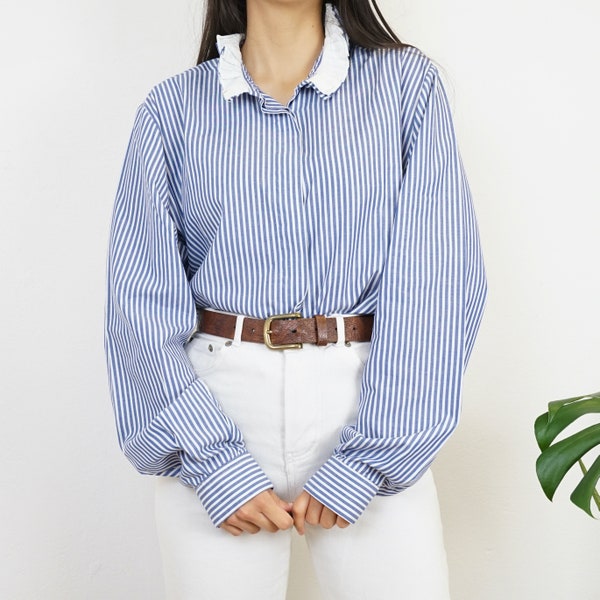 Vintage striped cotton Shirt size L long sleeve light blue white shirt stripes formal shirt women vintage button up shirt