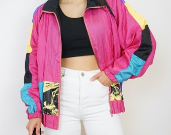 Vintage pink colorful Windbreaker Size S crazy pattern colorful sport jacket vintage shell jacket 80s shell jacket women men jacket