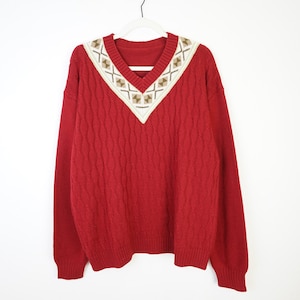 Vintage wool mix Pullover Size XL-XXL red v neck sweater knit pullover warm sweater jumper women
