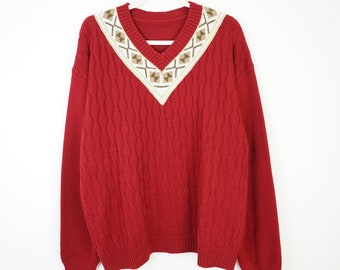 Vintage wool mix Pullover Size XL-XXL red v neck sweater knit pullover warm sweater jumper women