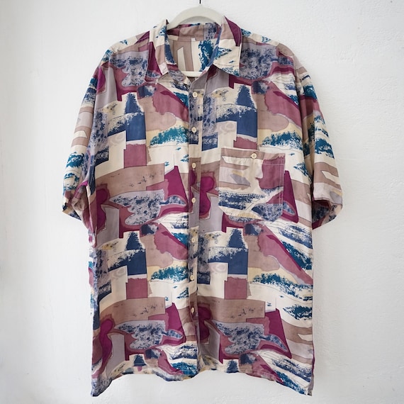 Vintage 80s silk shirt men size M 90s colorful shirt 80s colorful shirt button up shirt abstract shirt short sleeve silk shirt
