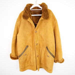 vintage Shearling Coat hommes Taille L 70s Shearling Coat jaune brun manteau d’hiver manteau en peau de mouton veste en cuir veste en peluche