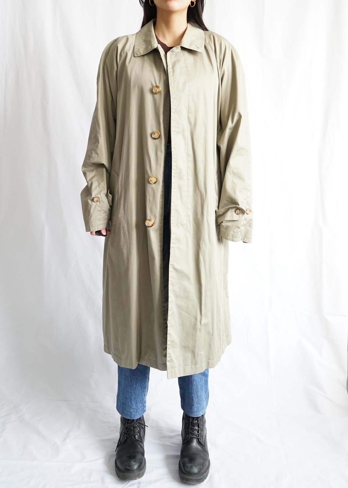 Vintage 70s Trench Coat Size L beige trench coat 80s trench coat long vintage classic cotton coat, foto 4 di 5