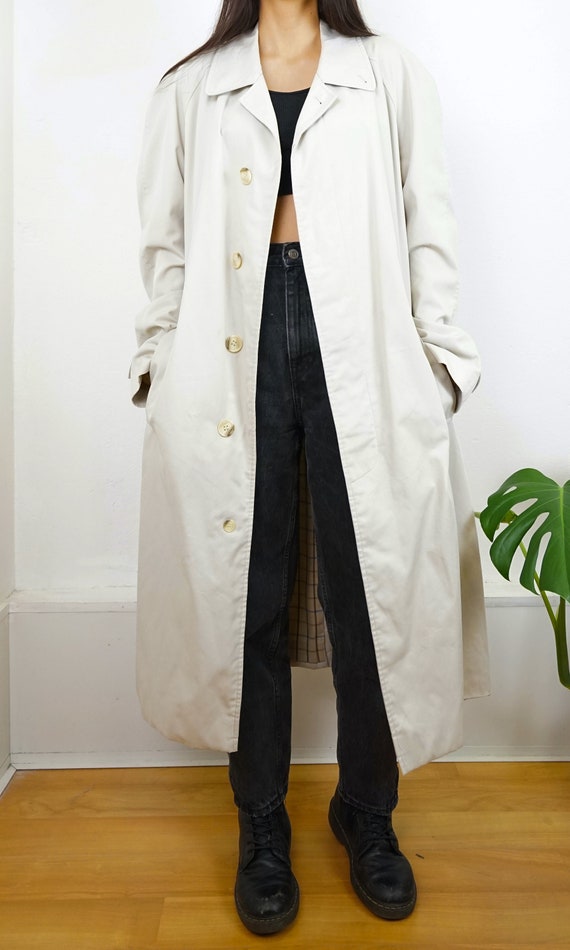 Vintage Trench Coat Size L off white beige checke… - image 3