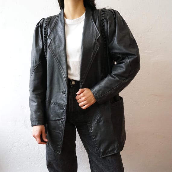 Vintage black leather jacket size S leather blazer 90s leather jacket unique leather jacket black jacket puffed sleeves jacket