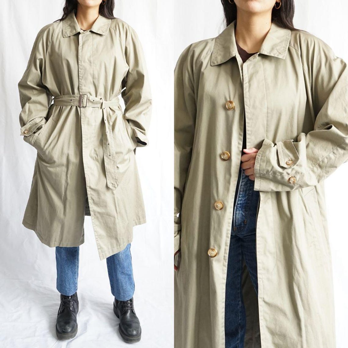 Vintage 70s Trench Coat Size L beige trench coat 80s trench coat long vintage classic cotton coat, foto 2 di 5