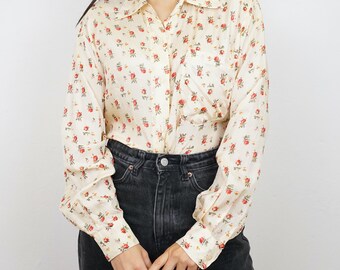 Vintage zijden bloemenblouse maat M-L bloemenblouse met lange mouwen, witte lichtgele blouse, blouse met kraag en knopen