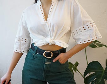 Vintage cotton blouse size M L white blouse short sleeve blouse cotton shirt cotton top traditional blouse v neck blouse