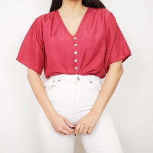 Vintage silk blouse size M red blouse v neck blouse red shirt silk shirt cropped blouse vintage colorful shirt 90s shirt