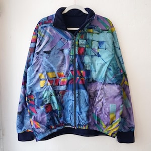 Vintage Fleece Jacket size L colorful fleece jacket 80s fleece jacket fleece sweater crazy pattern blue fleece sweater