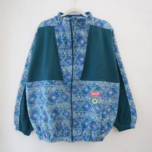 Vintage 80s Fleece Jacket size XL fleece sweater 80s fleece pullover colorful fleece crazy pattern fleece blue fleece jacket