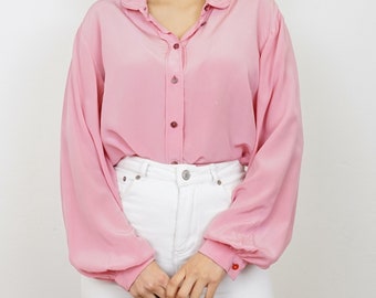 Vintage pink silk Blouse size L long sleeve blouse button up shirt collared blouse pink top