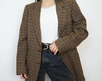 Vintage cashmere wool Blazer Size M-L brown checkered blazer wool jacket brown jacket shoulder pads blazer 90s blazer jacket