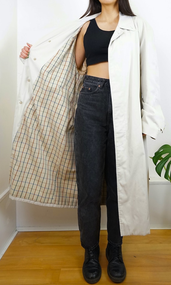 Vintage Trench Coat Size L off white beige checke… - image 2