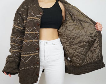 Vintage wool quilted Jacket size XL brown wool mix jacket wool mix cardigan unisex cardigan wool jacket