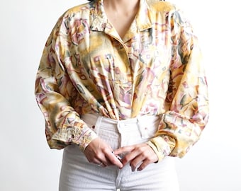 Blusa de seda vintage de los 90, talla M-L, blusa colorida de manga larga, camisa de seda con estampado abstracto, blusa elegante y ligera.