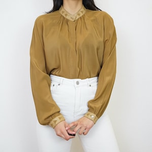 Vintage olive green blouse size M silk mix blouse long sleeve olive green blouse button up shirt elegant shirt