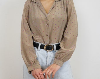 Vintage beige blouse size S long sleeve blouse light shirt button up blouse