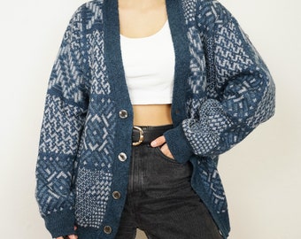 Vintage wool mohair Cardigan size L blue chunky cardigan wool mohair jacket wool cardigan unisex cardigan wool jacket