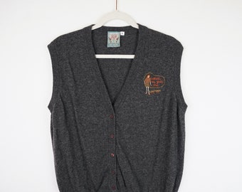 Vintage wool mix Vest Size L dark grey button up vest embroidery details knit vest grandpa vest button up vest