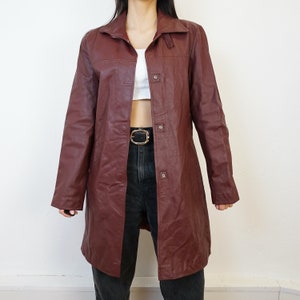 Vintage burgundy leather coat Size M 90s leather coat jacket red leather purple leather 画像 1