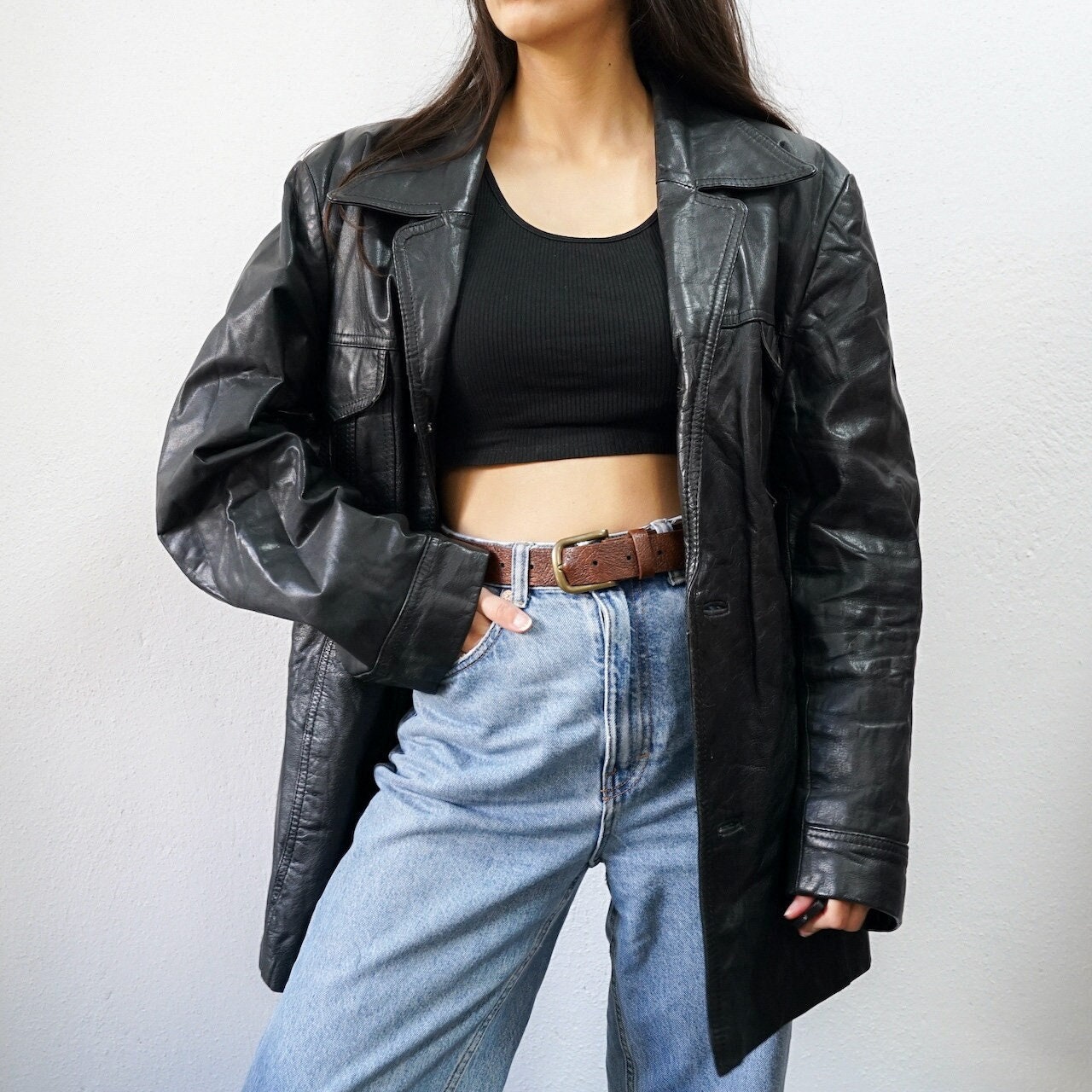 Vintage black leather jacket Size L leather coat jacket unisex leather jacket shiny black leather 90s jacket