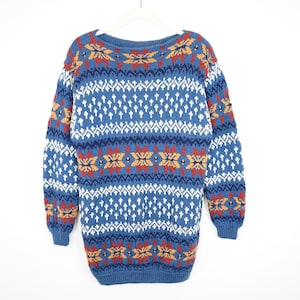 Vintage handmade Pullover men Size M blue knit pullover colorful pattern winter sweater warm pullover grandpa sweater