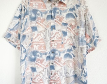 Vintage 80s shirt size M pastel colorful shirt abstract pattern summer short sleeve shirt