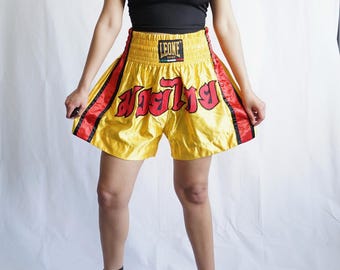 Vintage y2k Leone boxing shorts Size XL satin kickboxing shorts thai boxing shorts yellow red