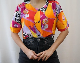 Vintage colorful shirt size M-L 80s baroque shirt short sleeve shirt colorful blouse 90s colorful blouse