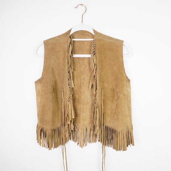 Vintage 70s suede Vest Size S-M fringes light bro… - image 2