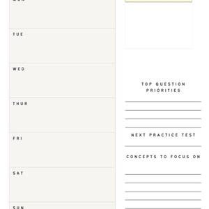 Può includere: Un pianificatore di studio LSAT stampabile con sezioni per ogni giorno della settimana, tra cui "Obiettivo della settimana", "Priorità delle domande principali", "Prossimo test di pratica" e "Concetti su cui concentrarsi".