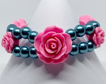 Pink rose bracelet, Blue pearl bracelet for women, Mothers day gift from son, Unique gifts for nana, 30th anniversary gift for wife