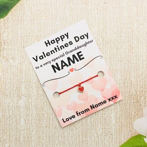 Tarjeta de San Valentín para nieta, pulsera de deseos para el día de San Valentín, regalo personalizado para el día de San Valentín para nieta, pulsera para el día de San Valentín