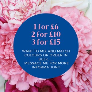 May include: A blue circle with white text that reads "1 for $6, 2 for $10, 3 for $15". Below the circle is more text that reads "Want to mix and match colors or order in bulk... Message me for more information!!!". The text is surrounded by a bouquet of pink, white, and red carnations.