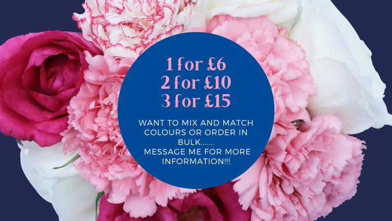 May include: A blue circle with white text that reads "1 for $6, 2 for $10, 3 for $15". Below the circle is more text that reads "Want to mix and match colors or order in bulk... Message me for more information!!!". The text is surrounded by a bouquet of pink, white, and red carnations.