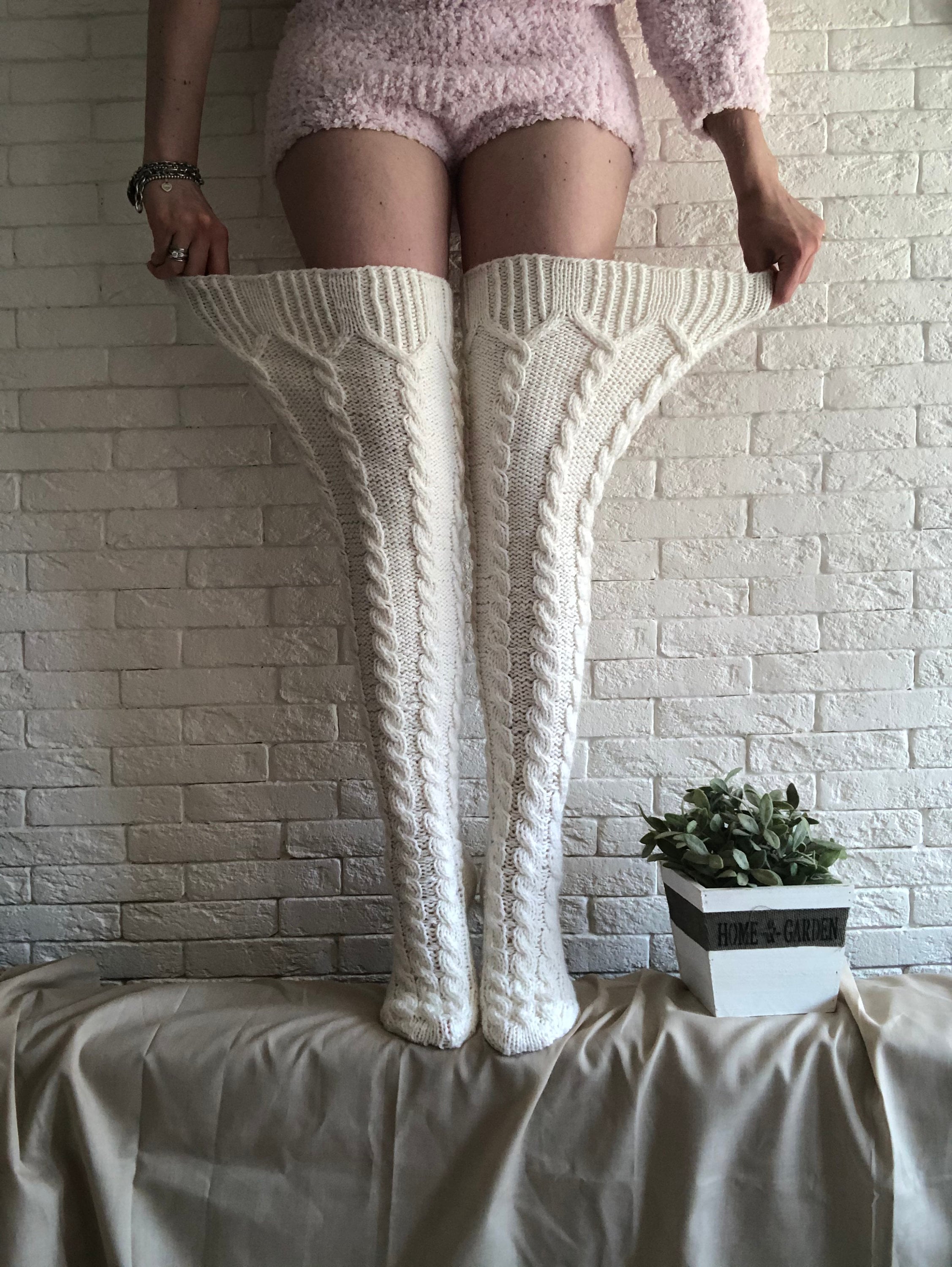 Real plus size thigh high socks Cable knit knee highs Over Etsy