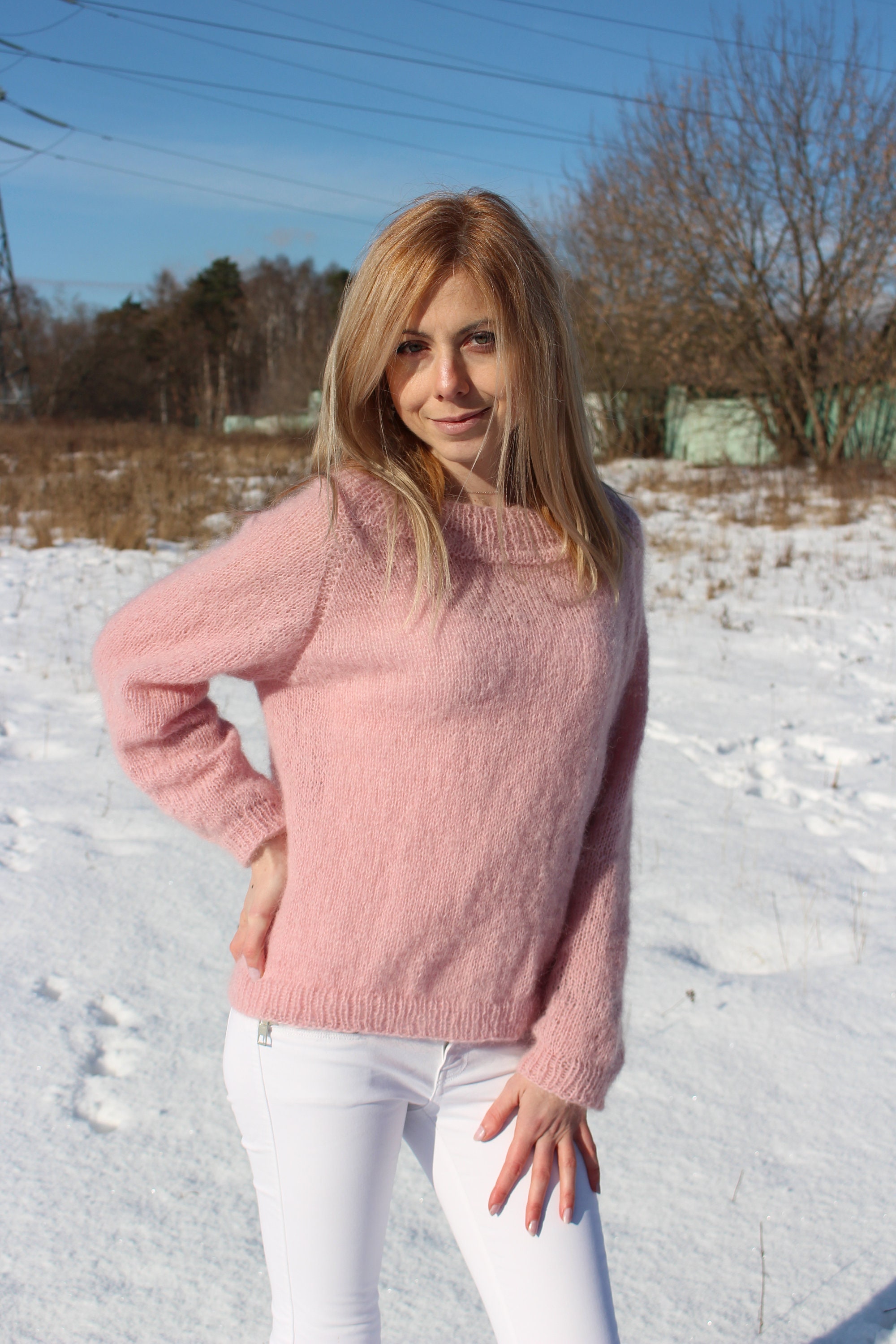 Light pink mohair sweater Oversized knitted pullover Basic Etsy