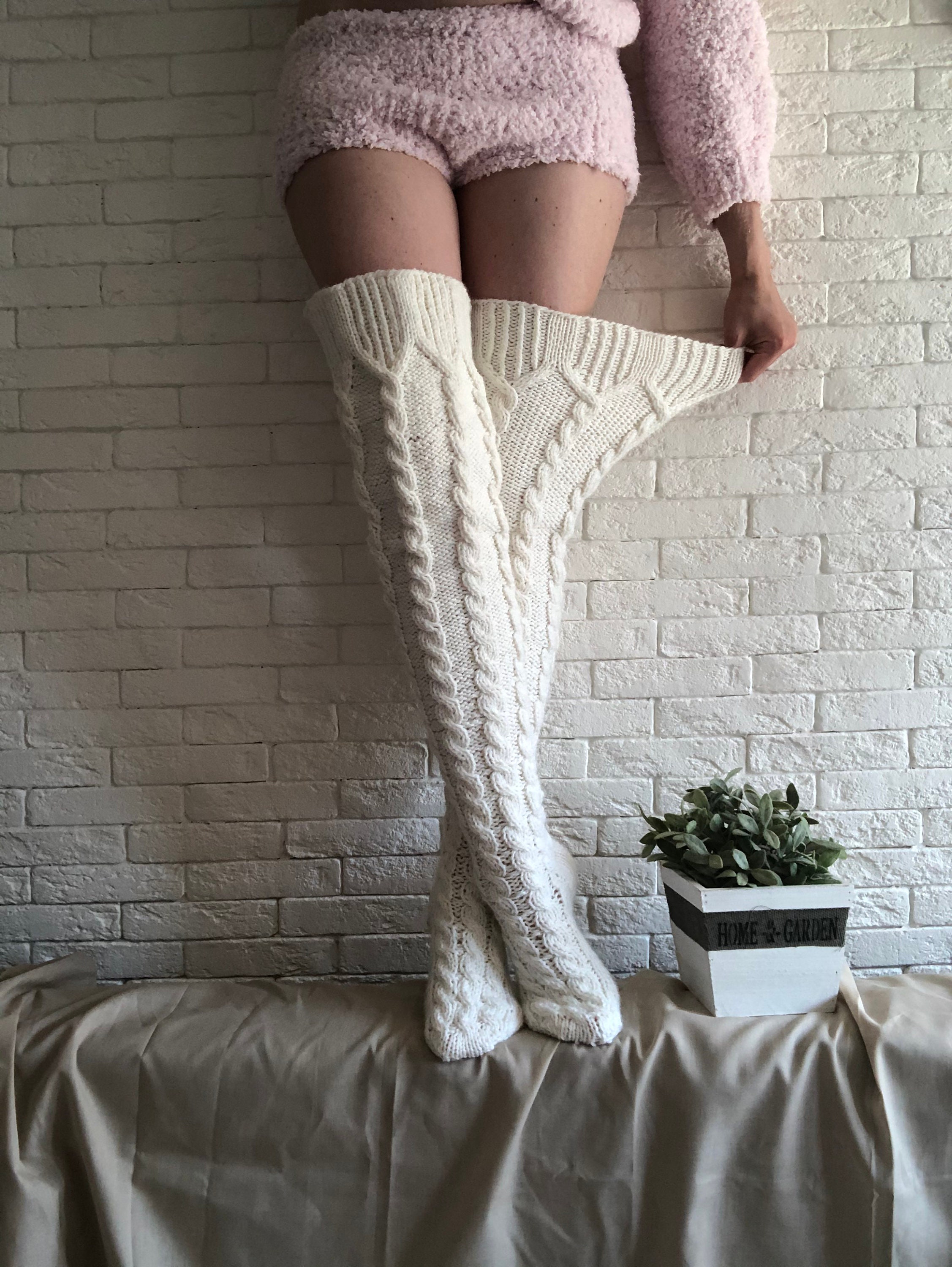Real plus size thigh high socks Cable knit knee highs Over Etsy