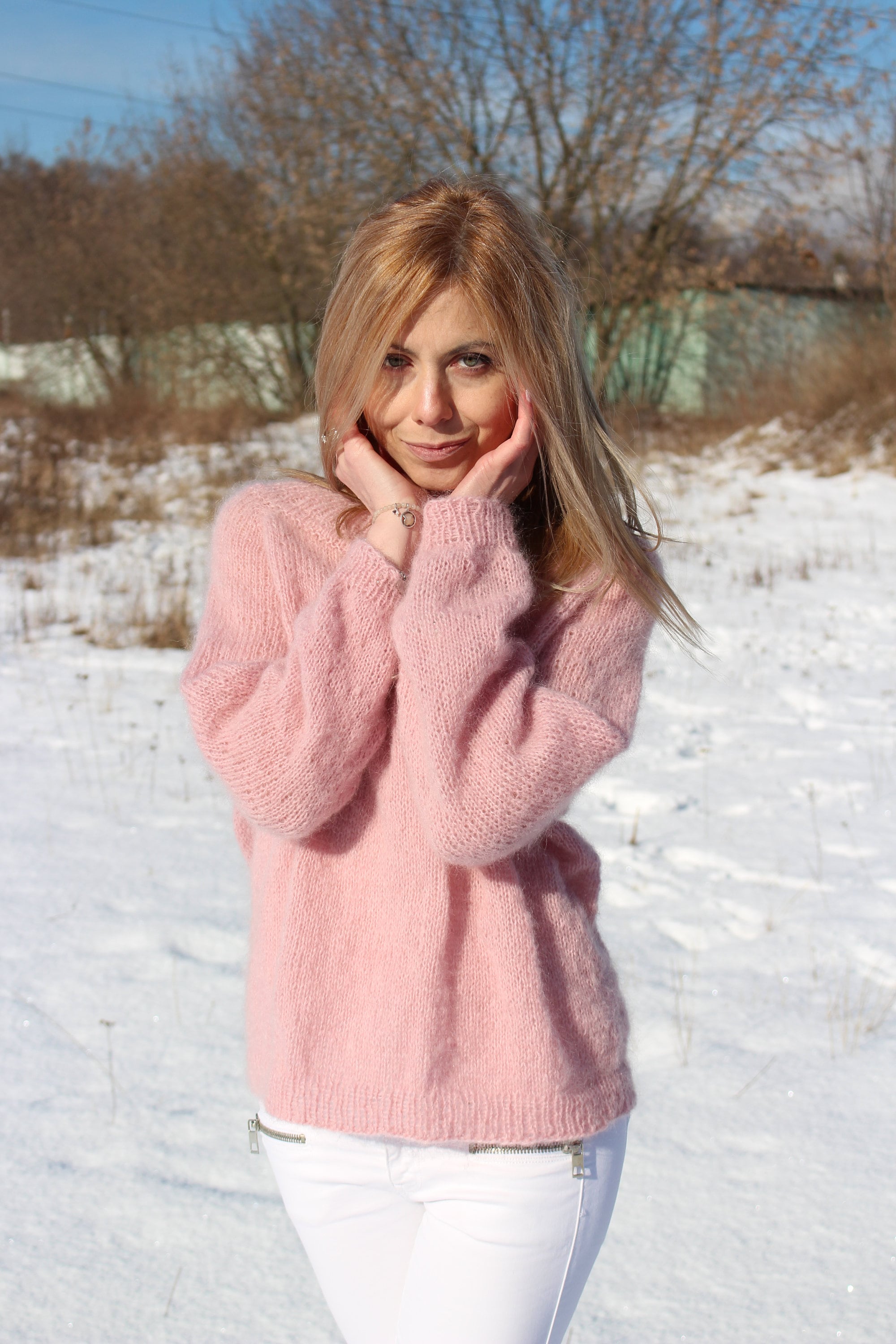 Light pink mohair sweater Oversized knitted pullover Basic Etsy