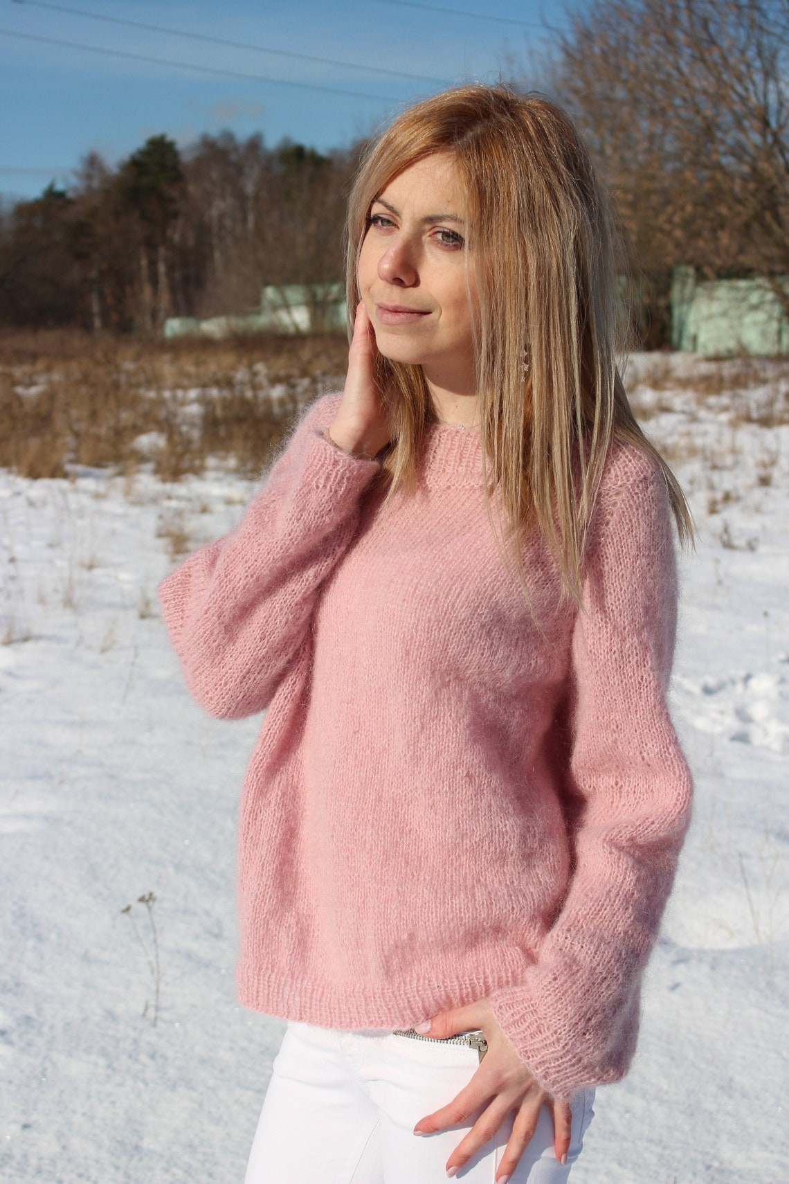 Light pink mohair sweater Oversized knitted pullover Basic | Etsy